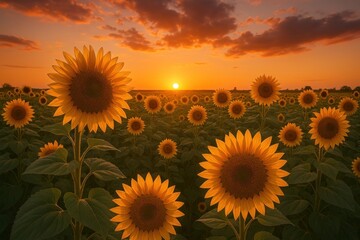 Obraz premium Sunflowers at sunset glow.