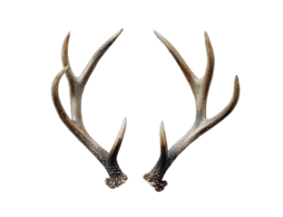 A pair of symmetrical, light beige-tan deer antlers.  Close-up, isolated against a pure black background.  The antlers exhibit  branches and tines, with a slightly rough, textured surface