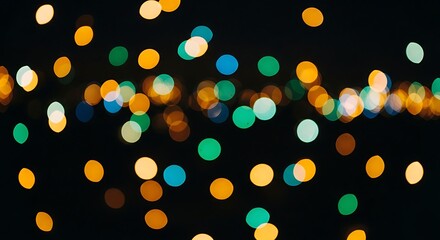 Bokeh lights abstract background with colorful blurred circles of orange, yellow, green, and blue dots on a dark night, creating a festive and vibrant atmosphere