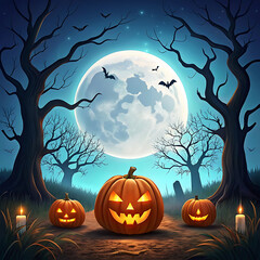 Fototapeta premium Spooky halloween night with glowing jack o lanterns and full moon