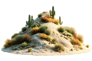 3D render of a desert hill with cacti and grass.