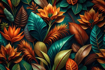 Seamless Abstract Botanical Pattern with Geometric Leaves and Bold Colors