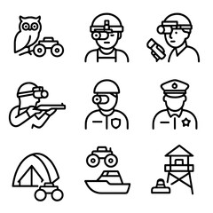 Obraz premium Night Vision Icon Set. Outline icon set of night vision applications: wildlife observation, military surveillance, search and