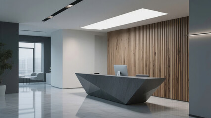 Modern Office Reception Area with Sleek Desk and Wooden Wall