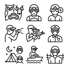 Night Vision Icon Set. Outline icon set of night vision applications: wildlife observation, military surveillance, search and