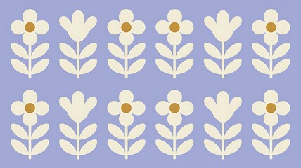 Simple folk art floral pattern with stylized cream flowers and leaves on a light purple background, minimalist design for textiles and modern decor