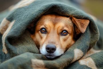 a dog is wrapped up in a blanket