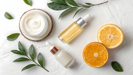 Natural skincare products with oranges and green leaves