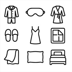 Nightwear Icon Set. Outline icon set of nightwear: pajama, sleep mask, robe, slippers, nightgown, duvet, blanket, pillow, bed.