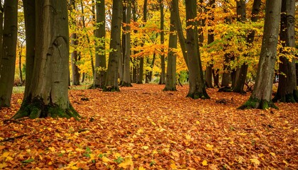 Autumnal woodland scenery with fallen leaves covering the forest floor