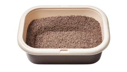 Light beige plastic litter box filled with brown granular litter