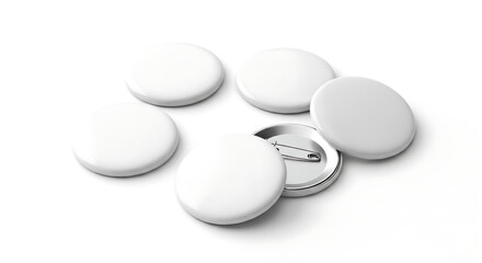 Blank white round pinback buttons scattered on a white background ready for customization