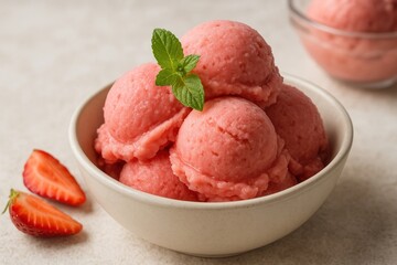 Refreshing strawberry sorbet with mint