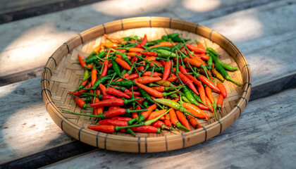 Red chili pepper green chili pepper bamboo tray wooden table spicy vegetable fresh harvest natural light outdoor cooking ingredient