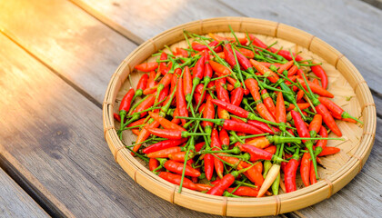 Red chili pepper and green chili pepper mixed in traditional bamboo tray placed on wooden surface with warm sunlight creating vibrant and fresh atmosphere