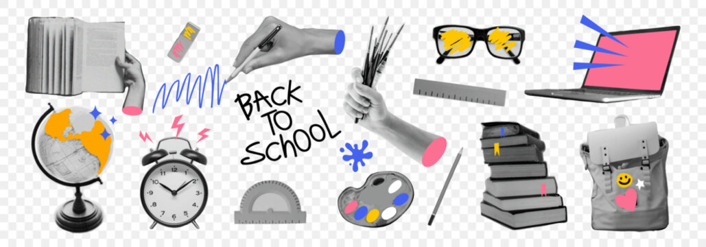 Back to school collage set on transparent background with halftone sticker elements – books, doodles, laptop, globe, pencil, and supplies. Fun and creative school themed vector.