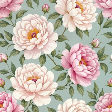 Seamless floral pattern with peonies, watercolour. Template design for textiles, interior, clothes, wallpaper. Botanical art.
