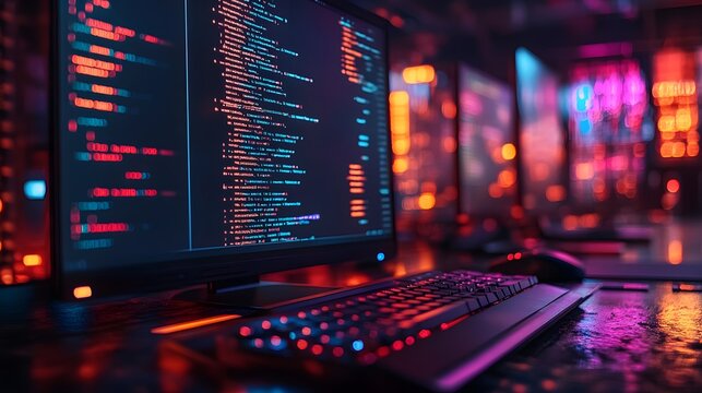 Intense coding workstation with vibrant screen displaying complex code. Disaster background blurred, enhancing focus on the development process for digital solutions and IT innovations.