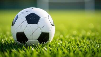 Fototapeta premium High-Quality Close-Up Image of Worn Soccer Ball on Green Grass Field.