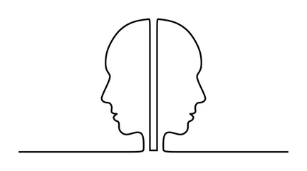 continuous line art of two human heads joined together and facing away from each other. the concept of a human being who is opposite