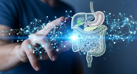 Doctor touching holographic digestive system with glowing connections and data points representing health