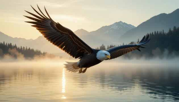 A bald eagle soaring over a misty lake with mountains in the background