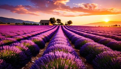 sunset over lavender fields, colorful sky and rows of purple flowers