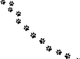 Diagonal animal paw trail vector, black pet footprints with claws, cat or dog walking path, silhouette design on white background