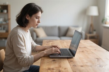 Fototapeta premium Concentrated Young Woman Typing on Laptop at Wooden Table Indoors