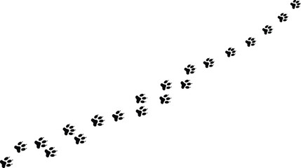 Dog paw footprints trail vector, black pet walking steps, animal track silhouette, isolated path on white background, cute pet pattern