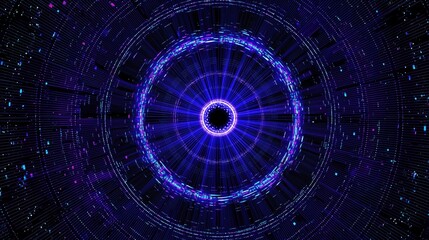 Fototapeta premium Abstract futuristic circular pattern with glowing blue and purple dots on black background, centered empty circle light effect surrounded by radiating lines, digital art style in sci-fi cyberspace con