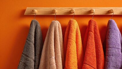 Colorful towels hanging on a wooden rack against an orange wall (1)