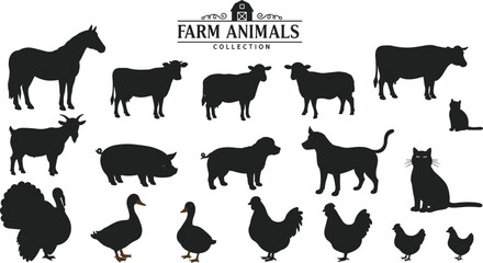 arm animals collection silhouette vector, domestic livestock icons including horse, cow, pig, goat, cat, dog, duck, chicken, turkey