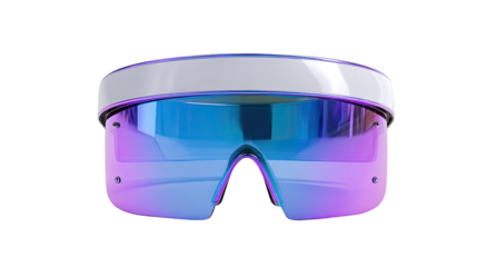 Futuristic, oversized sunglasses with a white headband.  Colorful, iridescent lenses create a vibrant, eye-catching effect.  3D rendered, isolated, and presented in a frontal view