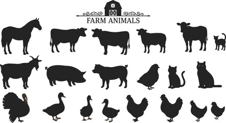 Farm animals silhouette collection, domestic livestock icons including horse, cow, pig, goat, cat, duck, chicken, turkey, vector set