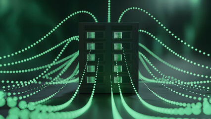 Abstract Digital Data Flow: A mesmerizing abstract representation of digital data streams, with neon-green light trails radiating from a central processing unit.