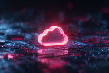 Neon cloud icon on glowing circuit board