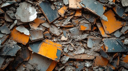 Worn, colorful tile shards create a textured disaster background. The broken pieces of orange, gray, and dark blue offer a unique, distressed surface. Ideal for adding visual interest and depth.