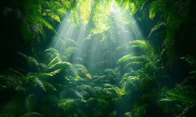 Sunlit Fern Canopy: Emerald Fronds Bathed in Ethereal Rays of Li