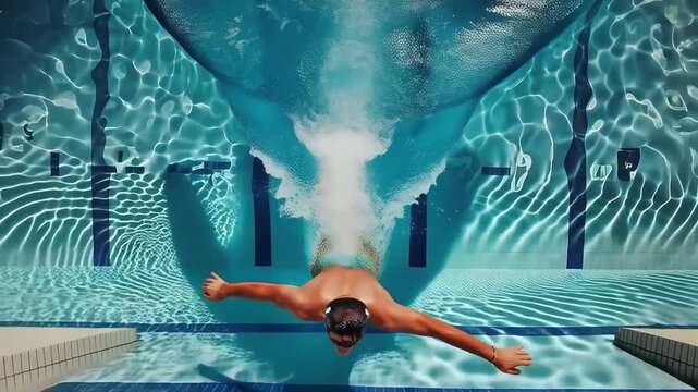 Video of a swimmer in a swimming pool taken from an underwater camera. Useful for demonstrating sports training and active lifestyle.