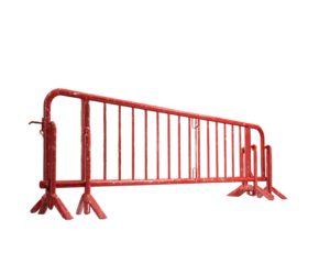 Red metal safety barrier, long and straight, supported by legs