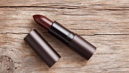 A dark brown lipstick on a wooden surface