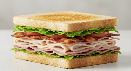 Enjoy A Classic Club Sandwich Layered With Tender Turkey, Savory Ham, Crispy Bacon, Fresh Lettuce, And Juicy Tomato—Perfect For Lunch, Picnics, Cafes, Or A Hearty Deli-Style Meal