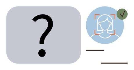 Question mark and facial scan with verification checkmark indicate identity confirmation. Ideal for technology, security, digital identity, privacy, AI, authentication process, verification. Simple