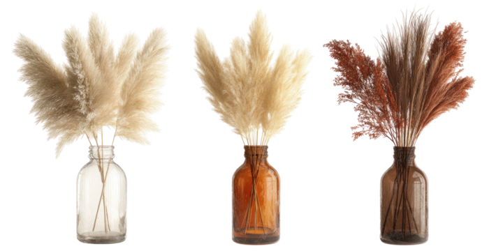 Three dried pampas grass arrangements in clear and amber glass vases