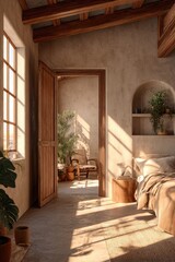 Sun-drenched, rustic bedroom with open doorway