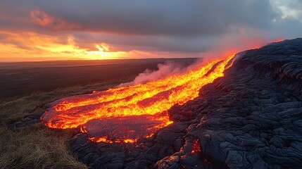Fototapeta premium Dramatic lava flow at sunset, ideal Disaster Background. Fiery rivers of molten rock cascade down a dark slope under a vibrant sky. A powerful scene of earth's raw energy.