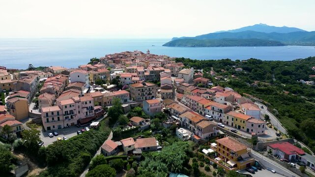 Aerial view of the town of Capoliveri, Elba Island, Livorno, Italy