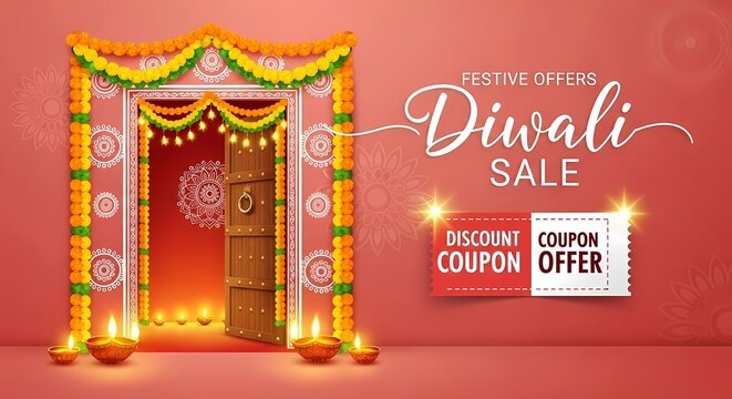 Diwali sale festive offers promotion with traditional indian decor and bright glowing diyas