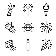 Naklejka premium Party Effects Icons. Outline icon set of party effects: pyrotechnic flare, handheld sparkler, torch flame, stage lighting flare,